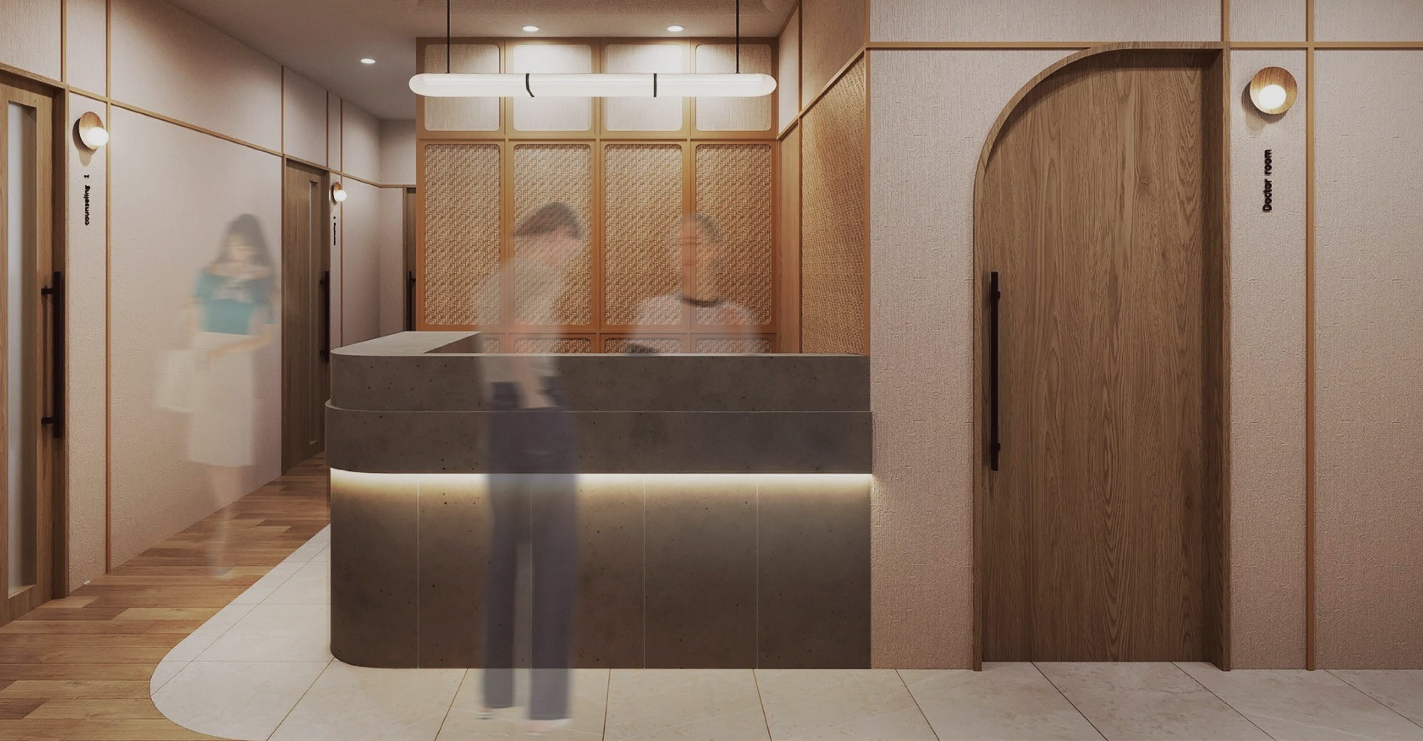 美容形成外科の受付カウンターと落ち着いた雰囲気の院内