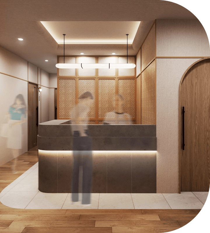 BE ONE CLINIC の受付カウンターと落ち着いた雰囲気のエントランス内観