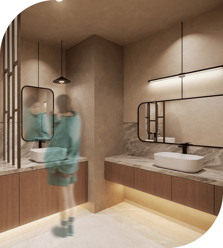 BE ONE CLINIC のパウダールーム。大きなミラーと洗面台を備えた清潔感のある空間